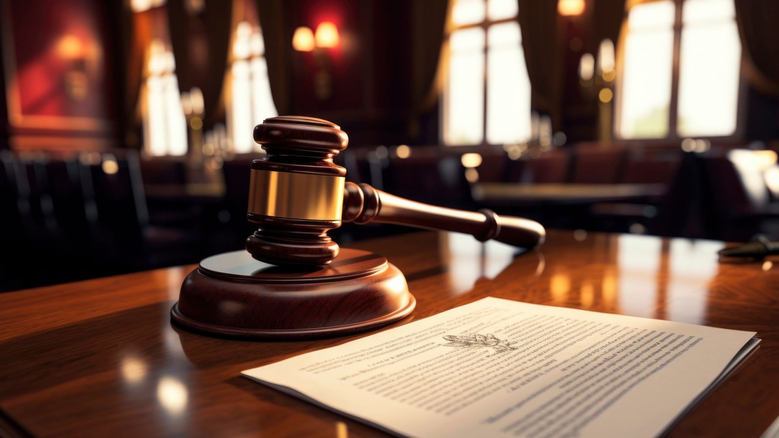 Image of a gavel on a courtroom desk symbolizing the court's verdict in a dowry death case in Mainpuri, where the husband and brother-in-law received life imprisonment, and other family members were sentenced to prison.